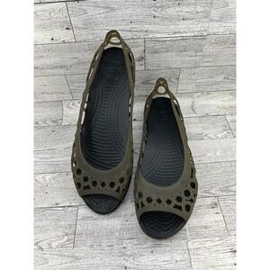 Crocs Adrina Peep Toe Flat Sandals Olive Green Black Womens Size 7 TPU Jelly